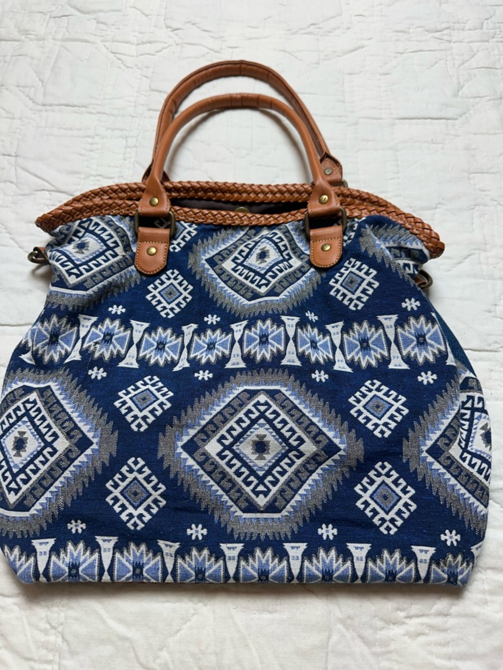 Coastal Boho Jacquard Tote | Woven Weekender Shoulder Bag - Picture 3 of 11